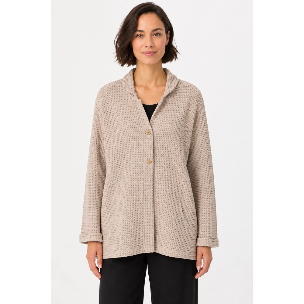 Eileen Fisher Jacket Women XL Beige Waffle Knit Italian Fabric USA Lagenlook